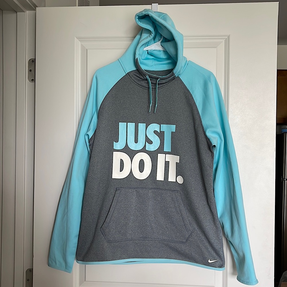 Nike womens Therma-Fit Teal/Gray “Just Do It“ Pullover Hoodie Sweatshirt Size L